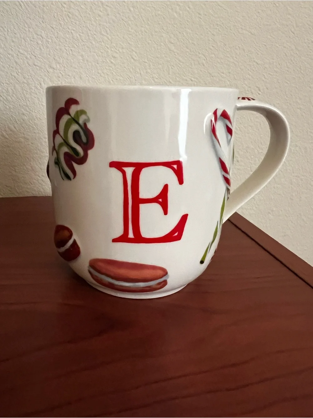Anthropologie Holifaye Stoneware Monogram Mug Initial E Holiday Motif